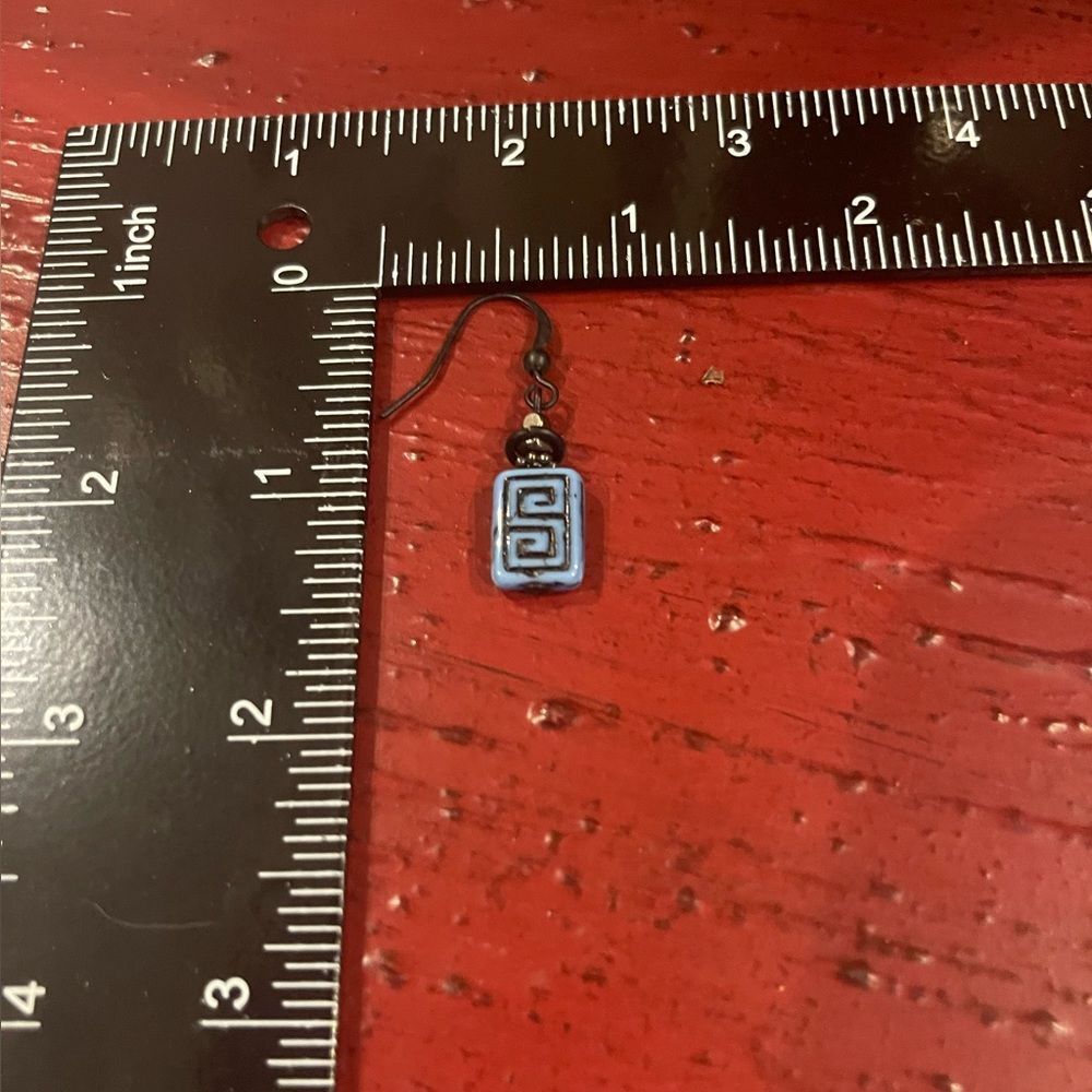 HandCrafted Artisan Earrings Blue Czech Glass Copper Greek Key Rustic Boho# 173  - Picture 3 of 7